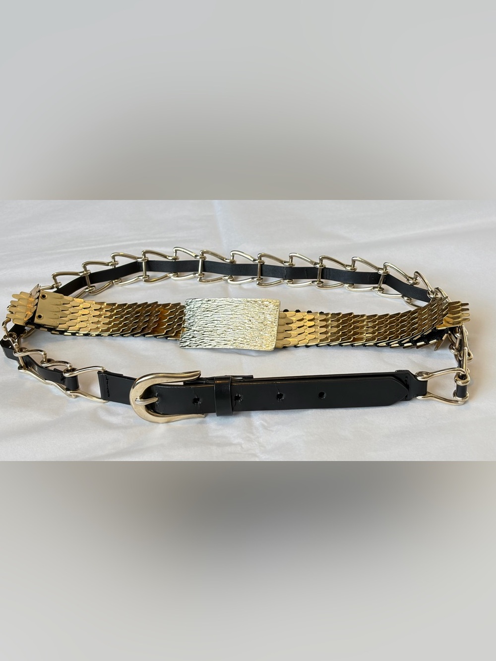 Women’s Gold & Black Chain-Link Leather Belt Set